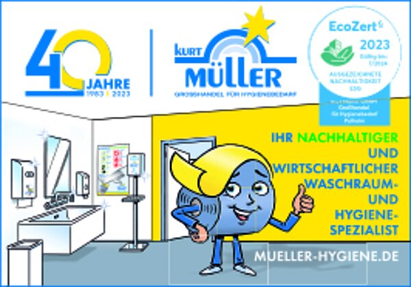 40 Jahre: 1963 – 2023. Kurt Müller. EcoZert 2023. Ihr nachhaltiger und wirtschaftlicher Waschraum- und Hygienespezialist. Mueller-Hygiene.de